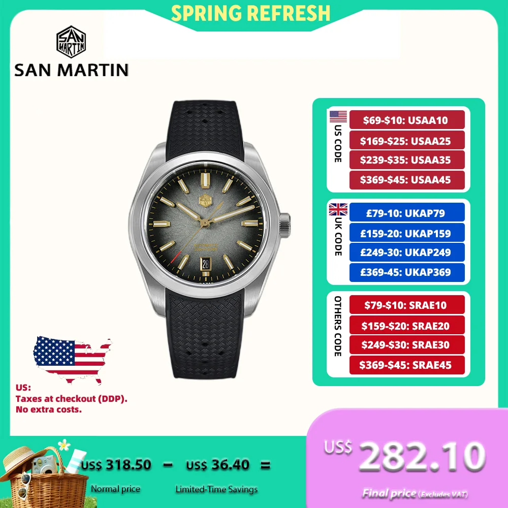 

San Martin GADA JianZhan 36/39/42mm Men Watch Automatic Curved End Links Version FKM Rubber Strap BGW-X1 Dress SN0144GS/X/L-3