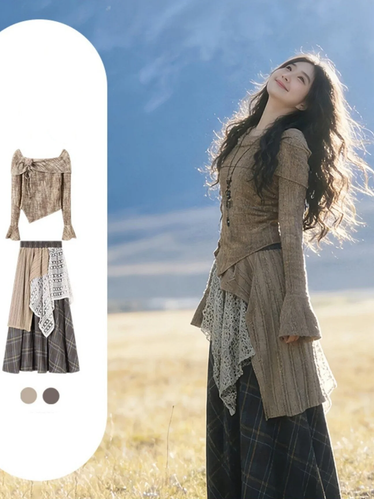 Vacation Wear Women's Whole Set Trendy Deserted Style High Waist Pants Long Sleeve Plaid Pattern Autumn Winter Spring Season