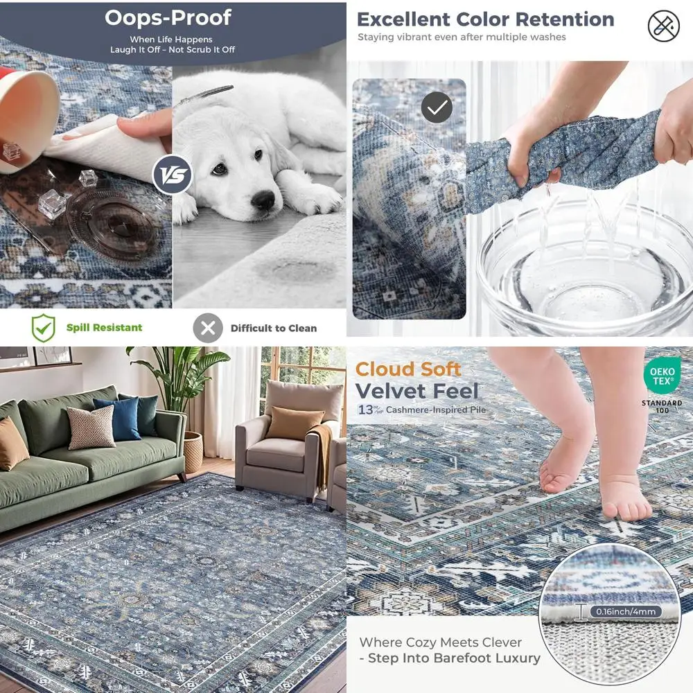 

Винтажный синий ковер 6x9 — моющийся ковер с низким ворсом в стиле ретро, нескользящая искусственная шерсть, потертый темно-синий ковер для дома и офиса