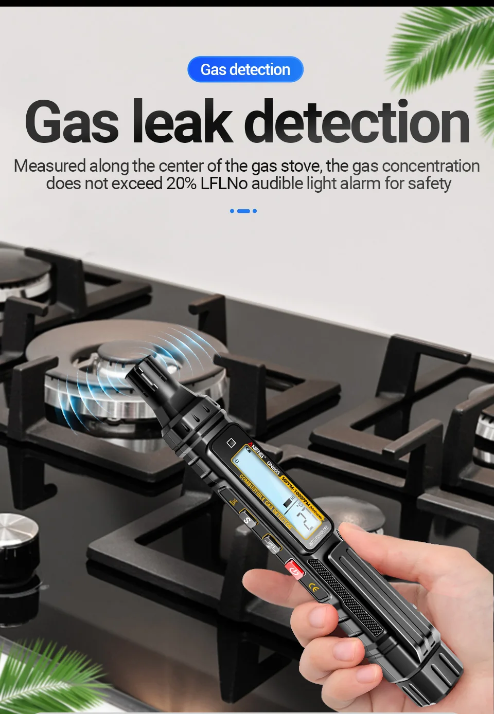 ANENG GN805 Detektor für brennbare Gase, Gasanalysator, Gasleckmessgerät, 50–10000 ppm, akustischer Alarm, umweltfreundlich, mehrere erkennbar – Detail 5