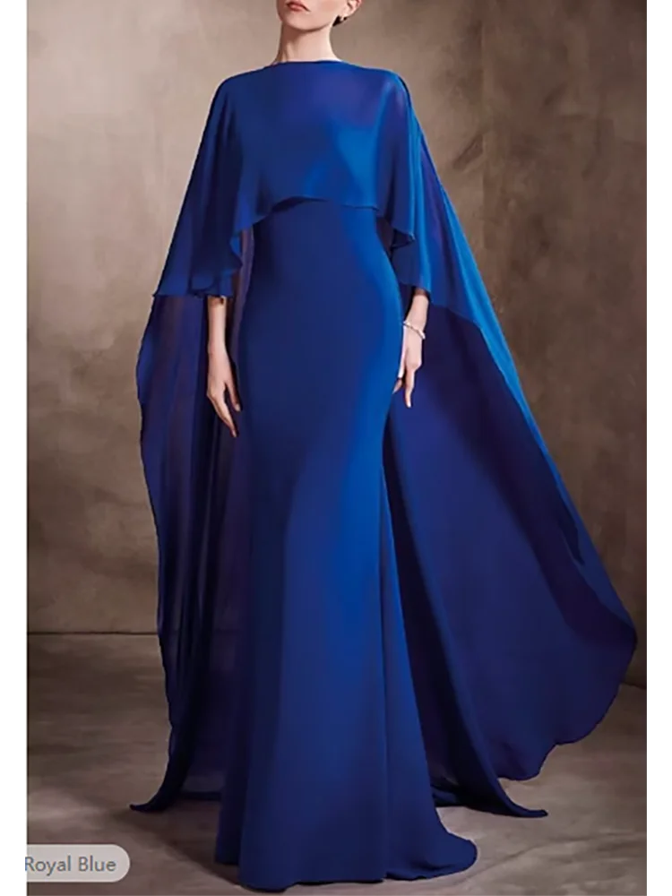 Robe de soirée sirène trompent à col rond bleu royal, robe élégante, longueur au sol, châle en mousseline de soie, mode, invité de mariage