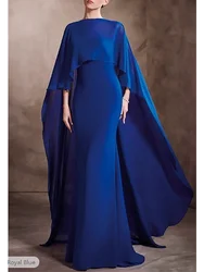 Fashion Royal Blue O-Neck Cap Sleeve Trumpet Mermaid Evening Gown Elegant Dress Wedding Guest Floor Length Chiffon Shawl