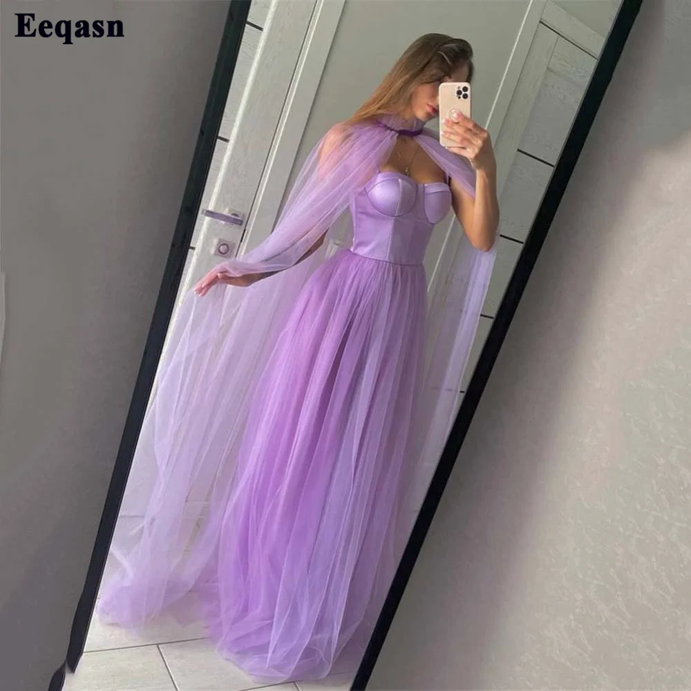 

Eeqasn Lilac Tulle 2 Pieces Prom Dresses With Wrap Sweetheart Spaghetti Straps Women Formal Evening Party Dress Pageant Gowns