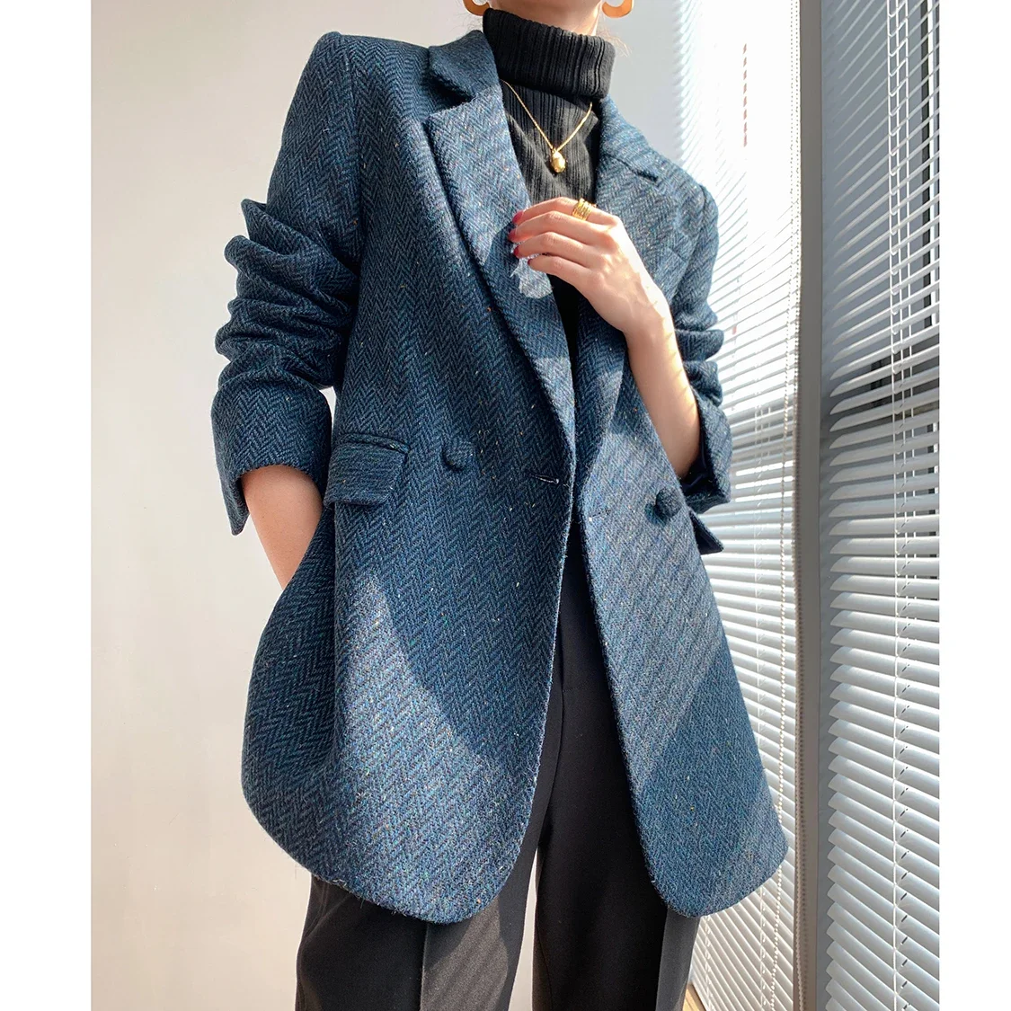 Blazer Women Woolen Jacket Blazer Loose Blue Winter 2024 Casual Woollen Suit Jackets Coat