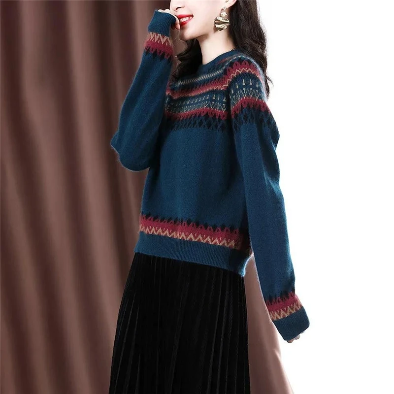 Vintage Korean Simple Printed Knitted Sweater Women Autumn Winter Casual Street O Neck Long Sleeve Pullover Top Female Clothing