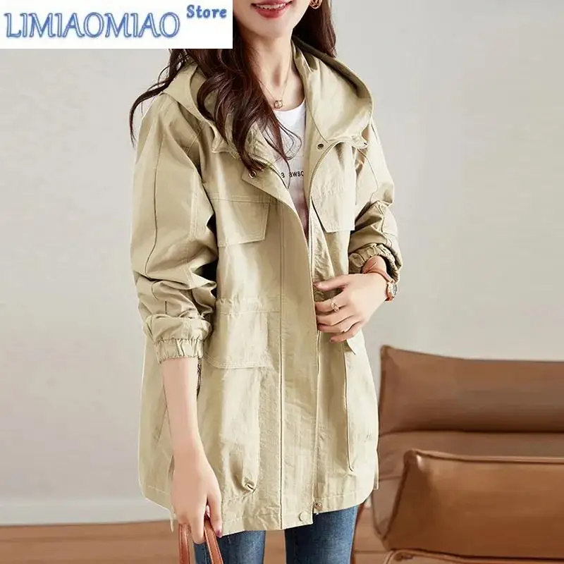 New Spring Autumn Loose Hooded Outcoat Blend Cotton Mid-length Jacket High Quality Slim Thin 4XL Pocket Trench Coat Khaki Blac