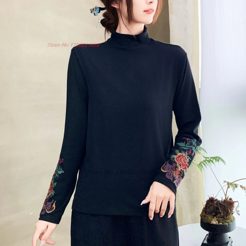 

2025 national flower embroidery stand collar folk shirt traditional chinese base shirt vintage shirt hanfu top ethnic shirt