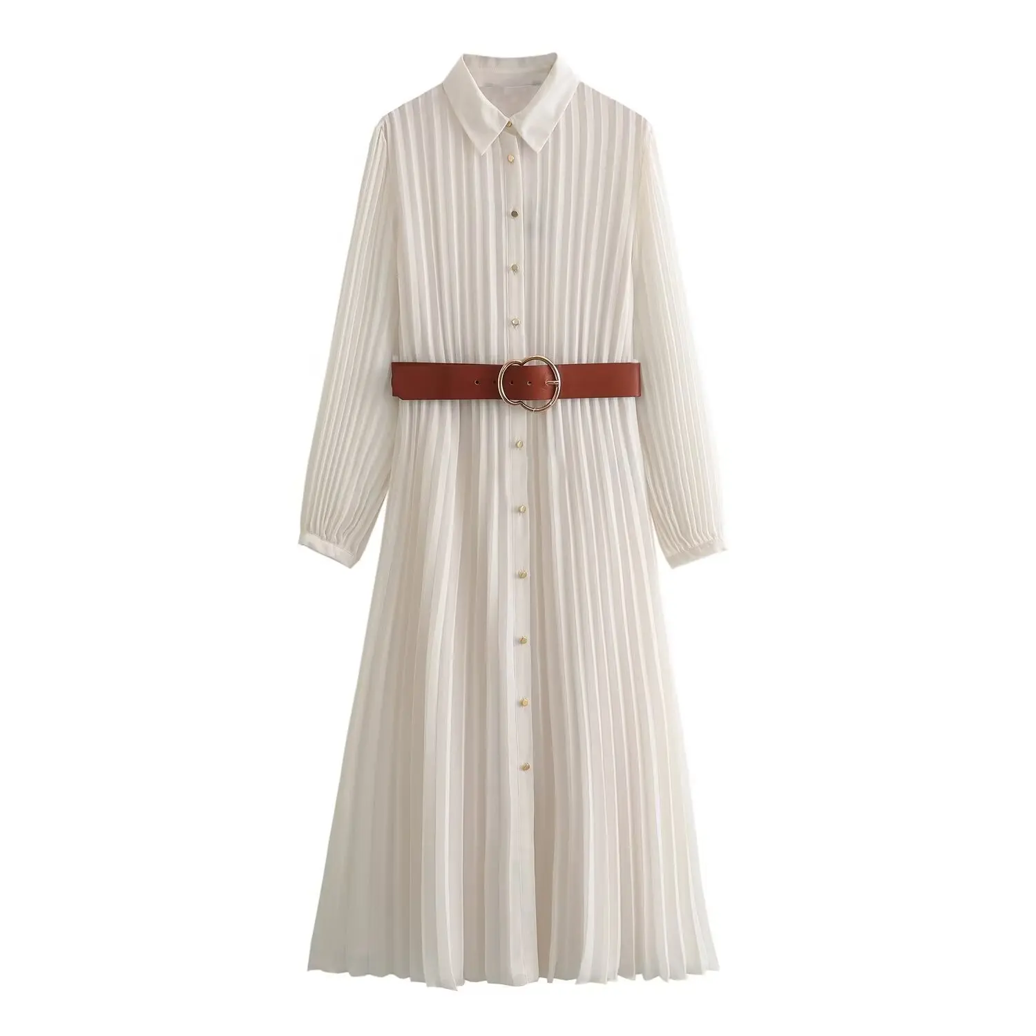 New summer products 2025 women's clothing fashionable temperament shirt white high-end long belt pleated French dress