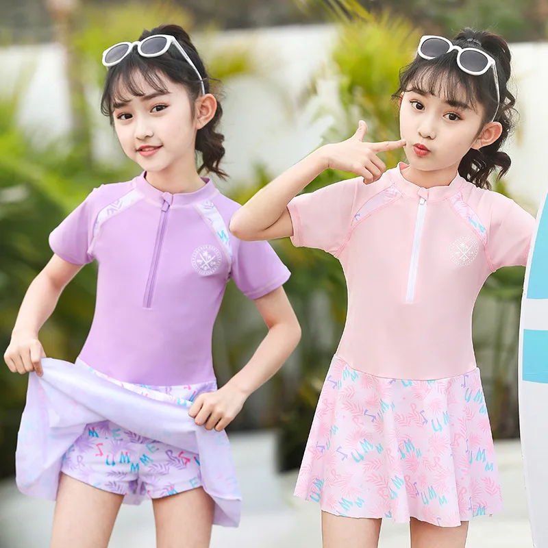 One-piece swimsuit with zipper for Little Princess, flower print, short sleeve, swimming dress for big children, new design