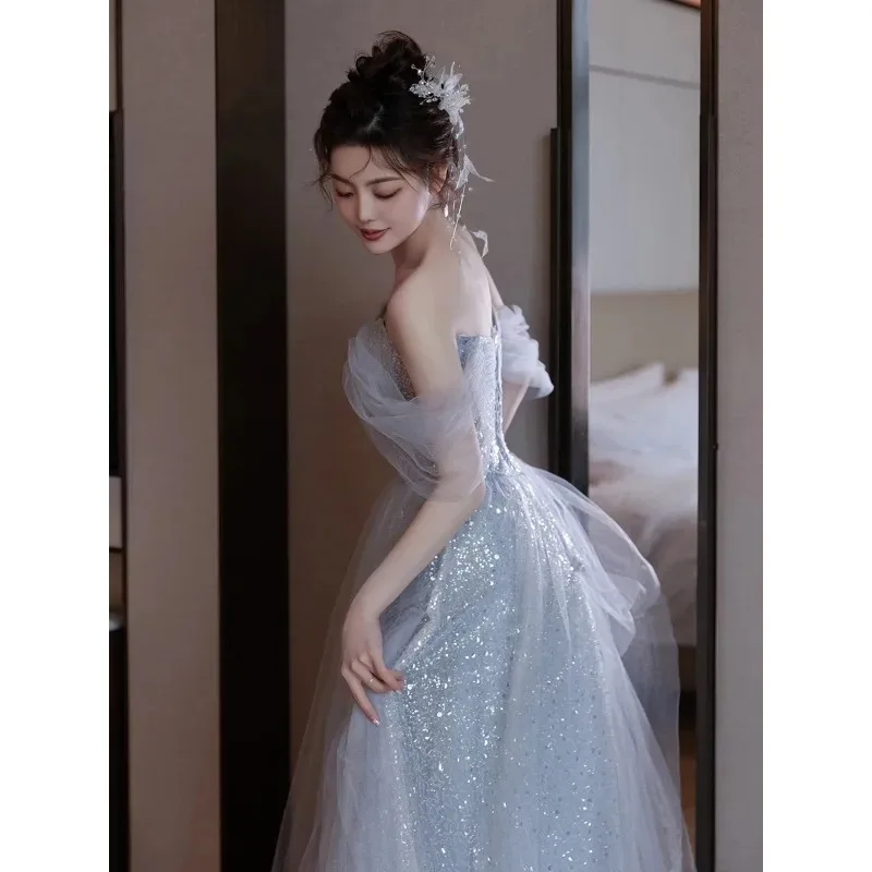 فستان سهرة أزرق بكتف واحد للنساء، تنورة طويلة لحفلات أعياد الميلاد للبالغين #3