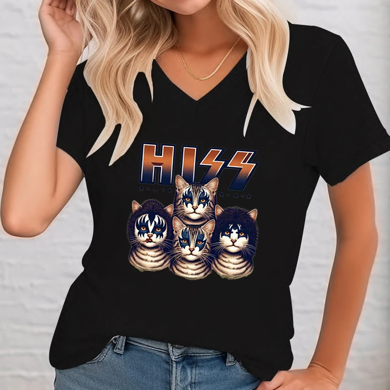 Summer Woman T-shirt Funny Cat Rock and Roll Music Graphic T Shirts Women Rock Music Lover Funny T Shirts Cats Kittens Rock Tops