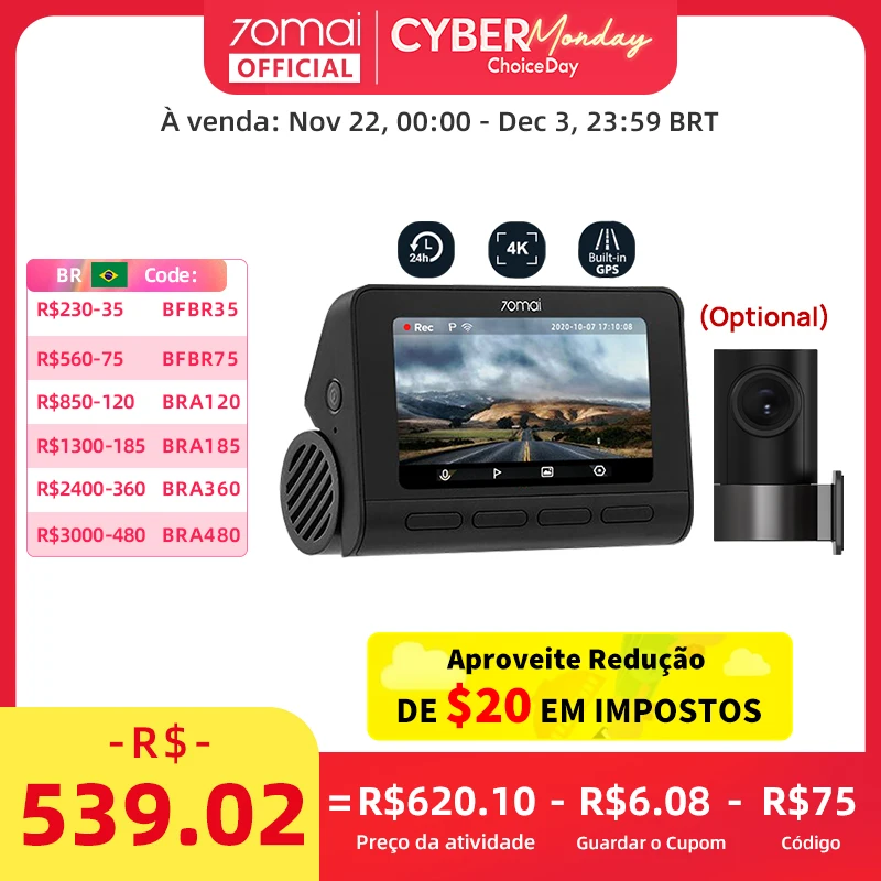 70mai 4K Dash Cam A800S GPS integrado ADAS 140 ° FOV 70mai Câmera Carro DVR 24H Monitor de estacionamento Somente câmera frontal, suporte para câmera traseira