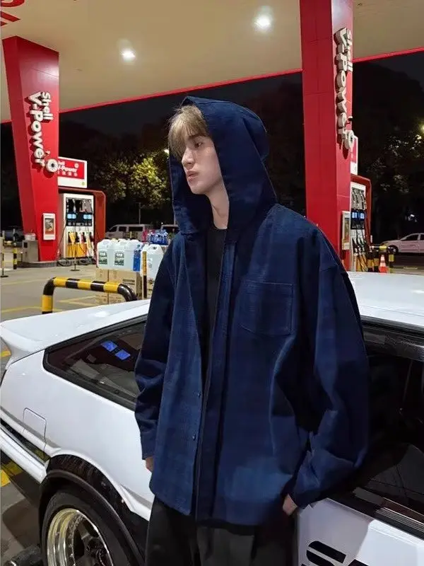 

Retro American Brued Blue Plaid Long Sve irt Men's Spring High Sensation Cool Casual Hooded Coat Loose Fit Youthful Trend