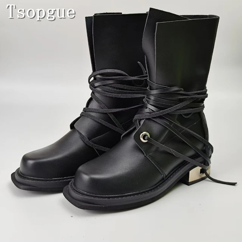 

Men's and Women's Black Hiking Shoes Designer Fashion Cool Metal Decor Thick Heel Ankle Lace Up Short Boots