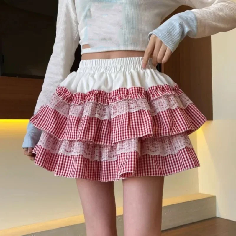 Sommer Mini Rock Frauen Kleidung Süße Jupe Patchwork Spitze A-linie Saia 2025, Faldas Mujer De Moda Hohe Taille Plaid Nette röcke