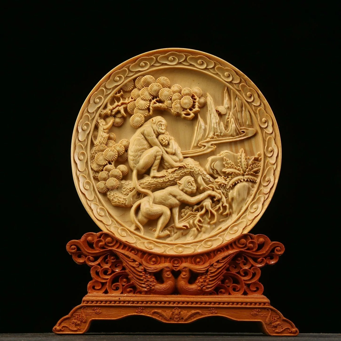 

Chinese Boxwood Wood Hand Carving Monkey Plate Statue&Redwood Base