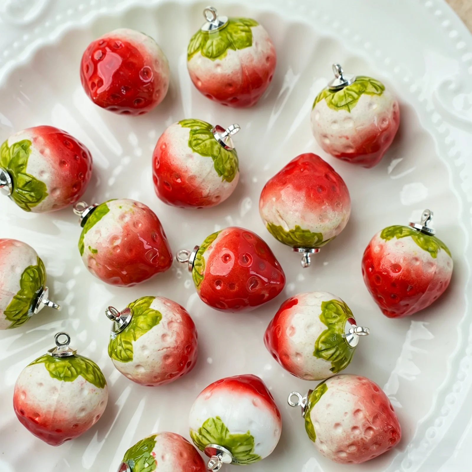 5pcs Handmade Ceramic Strawberry Pendant, Fruit Charms, DIY Bracelet Necklace Earring Findings view 5
