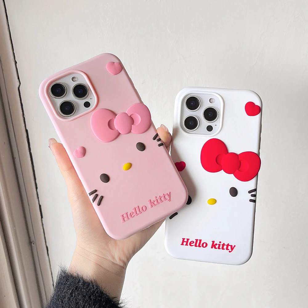 

New Cute 3D Sanrios Hello Kitty Bow Phone Case for IPhone 16 15 14 13 12 11 Pro Max Plus Soft Silicone Anti-fall Back Cover Y2k