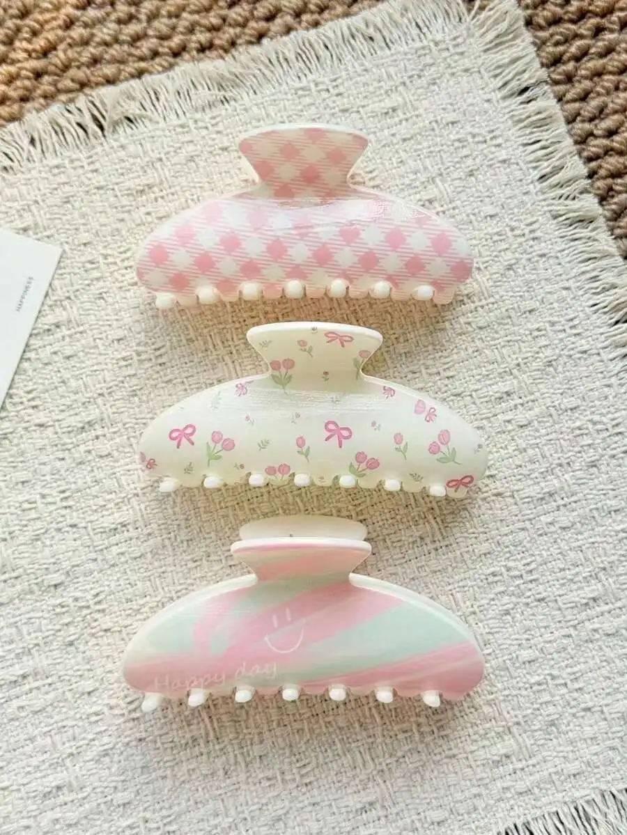 

3pcs Set 11cm Plastic Hair Claws With Floral, Gingham, Marbled Patterns For Women Daily Casual Use