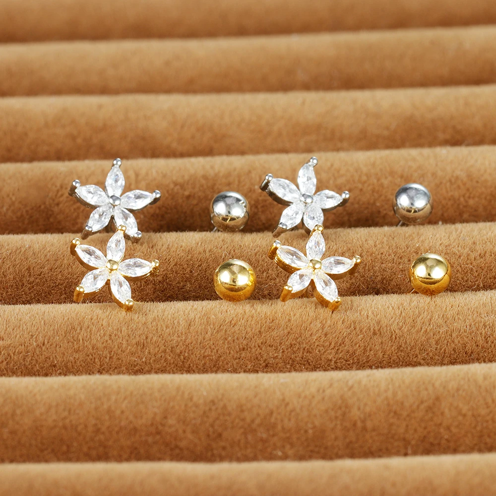 1Pair Exquisite Stainless Steel Minimal Crystal Flower Ear Studs Earring Korean Helix Studs Tragus Cartilage Piercing Jewelry