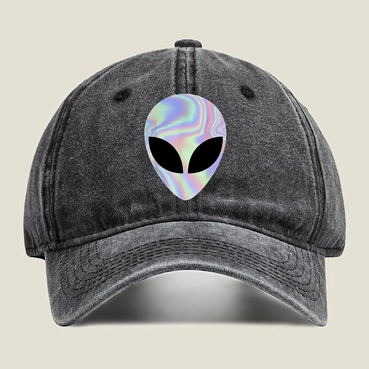 

Holographic - styled Alien - faced Artwork Washed Baseball Cap