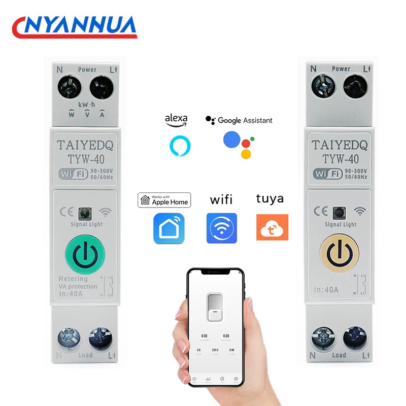 40A Tuya WiFi Smart Circuit Breaker MCB 1P+N Timer Power Energy kWh Voltage Current Meter Protector Voice Remote Control Switch