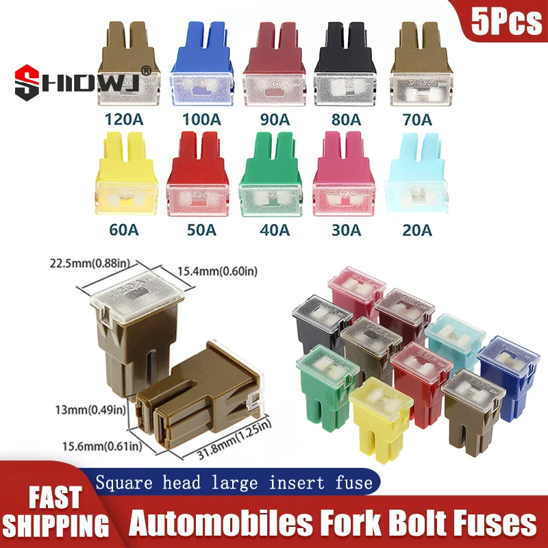 

5Pcs Automobiles Fork Bolt Fuses 20-120A Square Car Fuse Box Waterproof Socket Auto Square Head Large Plug-in Fuses