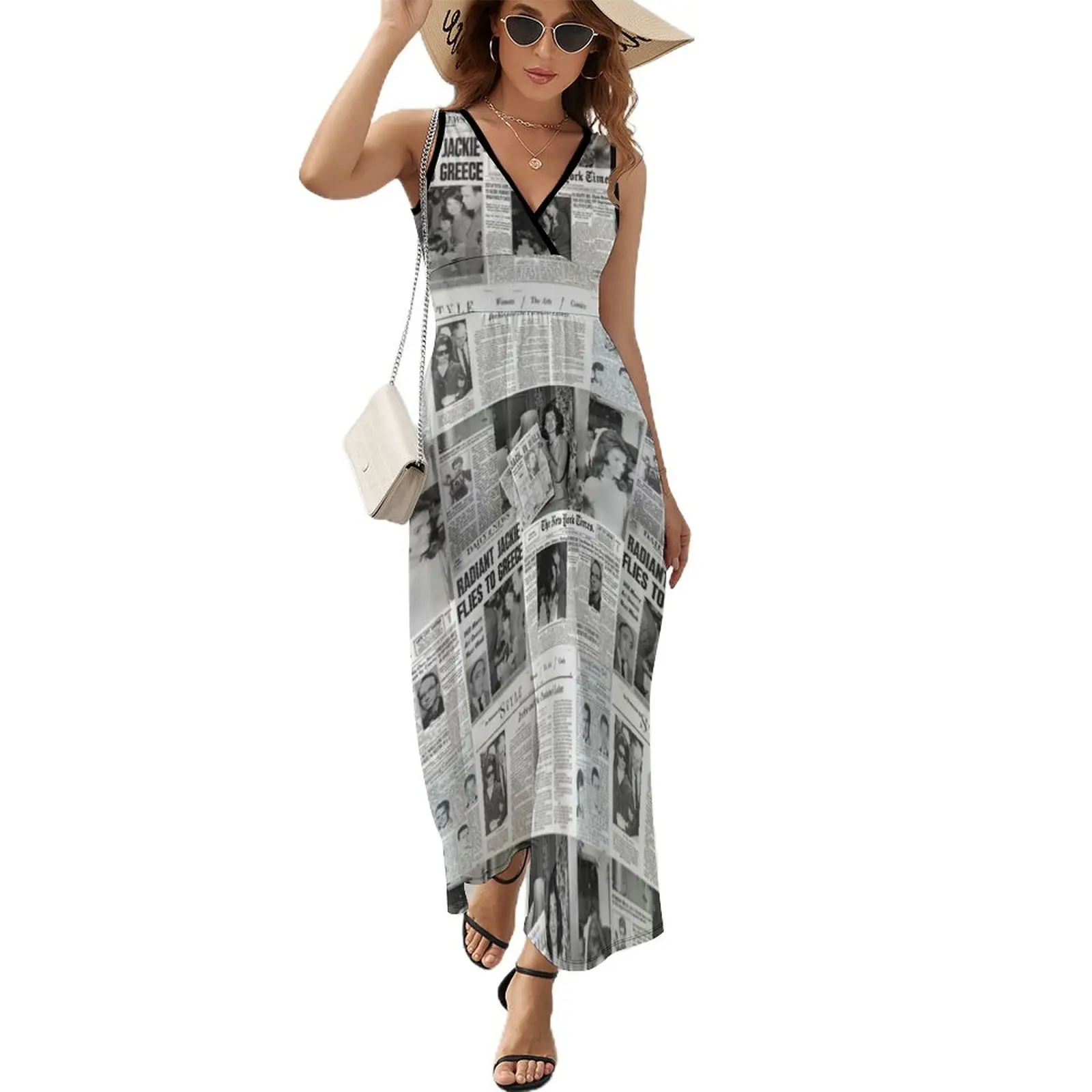 Newspaper Collage Dress Summer Jackie Kennedy Aesthetic V Neck Boho Beach Long Dresses Woman Sleeveless Print Vintage Maxi Dress