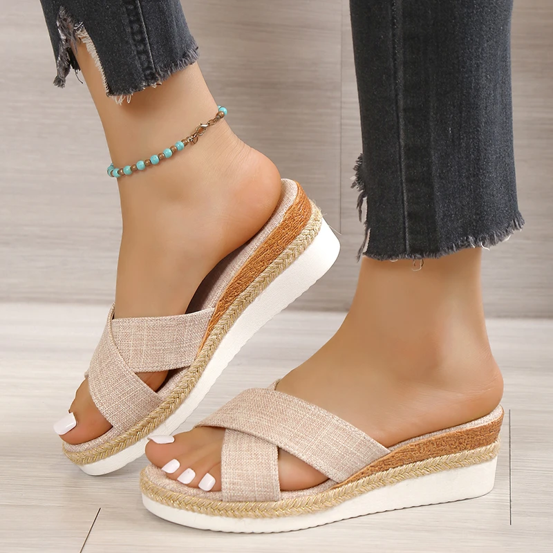 Women Sandals Hemp Wedge Heels Sandalias Mujer Platform Sandals Summer Wedges Shoes for Women Summer Footwear Women Slippers