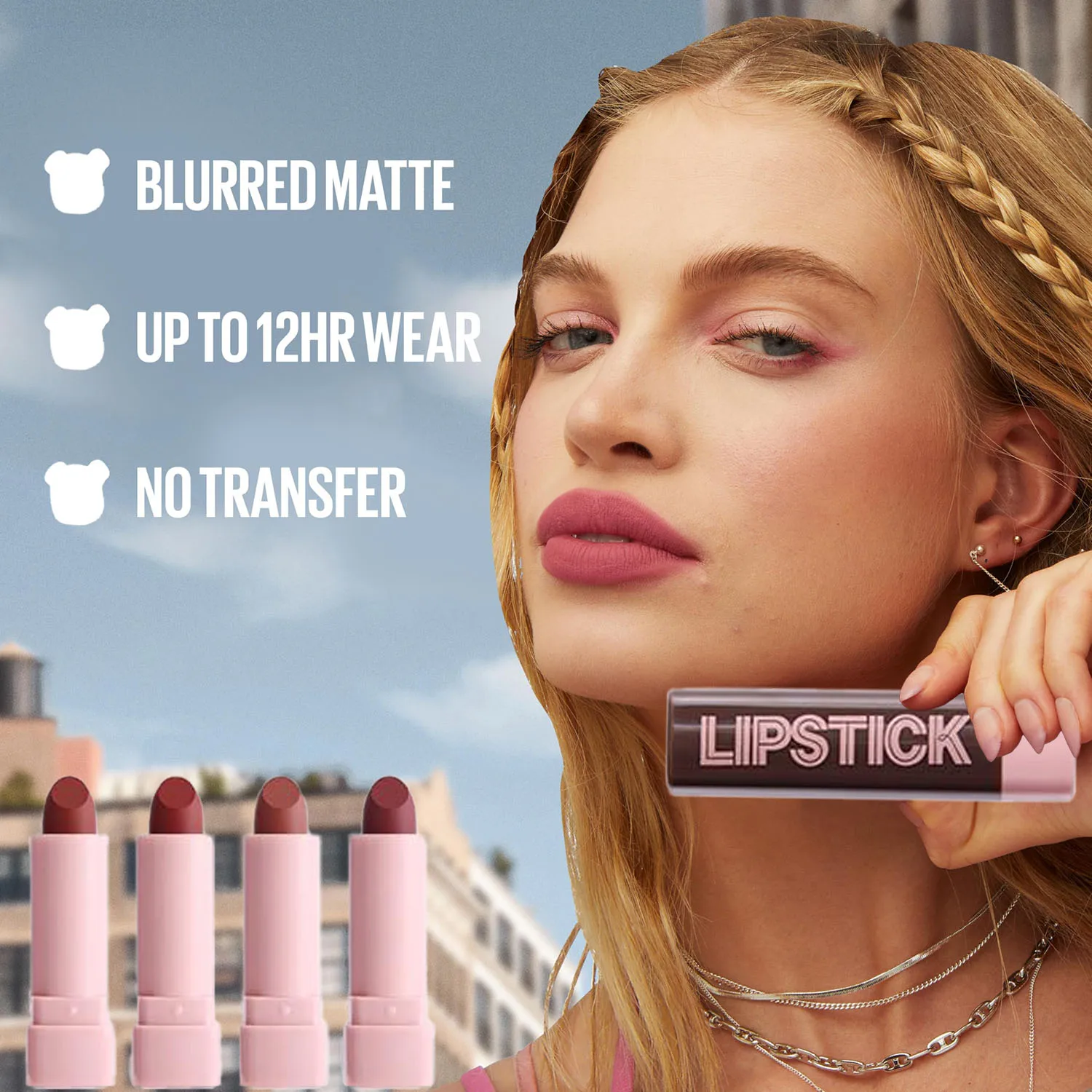 Set trucco da nove pezzi, fondotinta correttore leggero, fard impermeabile, rossetto color pop, eyeliner, matita per sopracciglia, mascara
