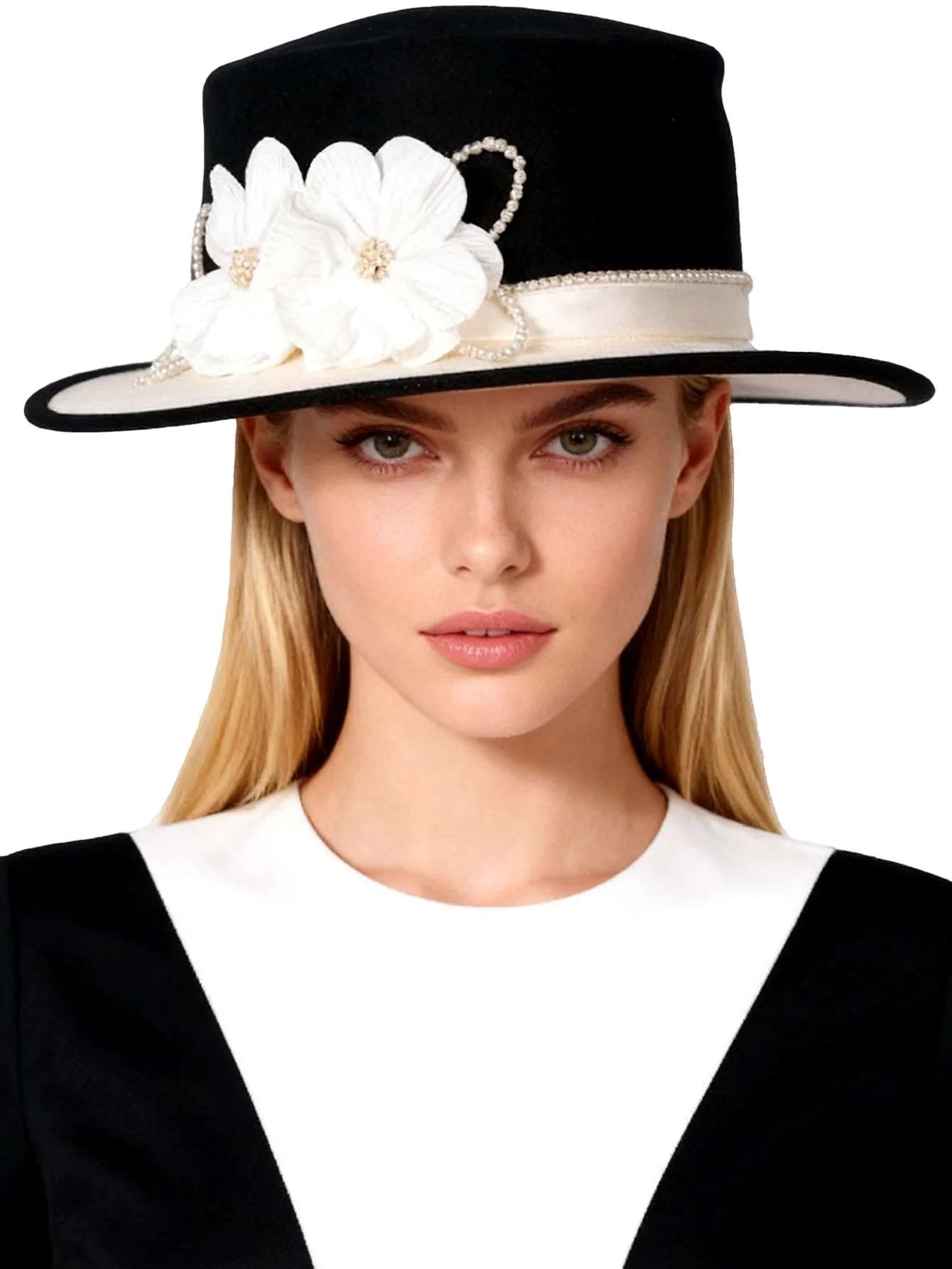 women's-stylish-flat-top-wool-felt-fedora-hat-in-black-white-with-flower-faux-pearl-detail-winter-dress-cap-french-millinery