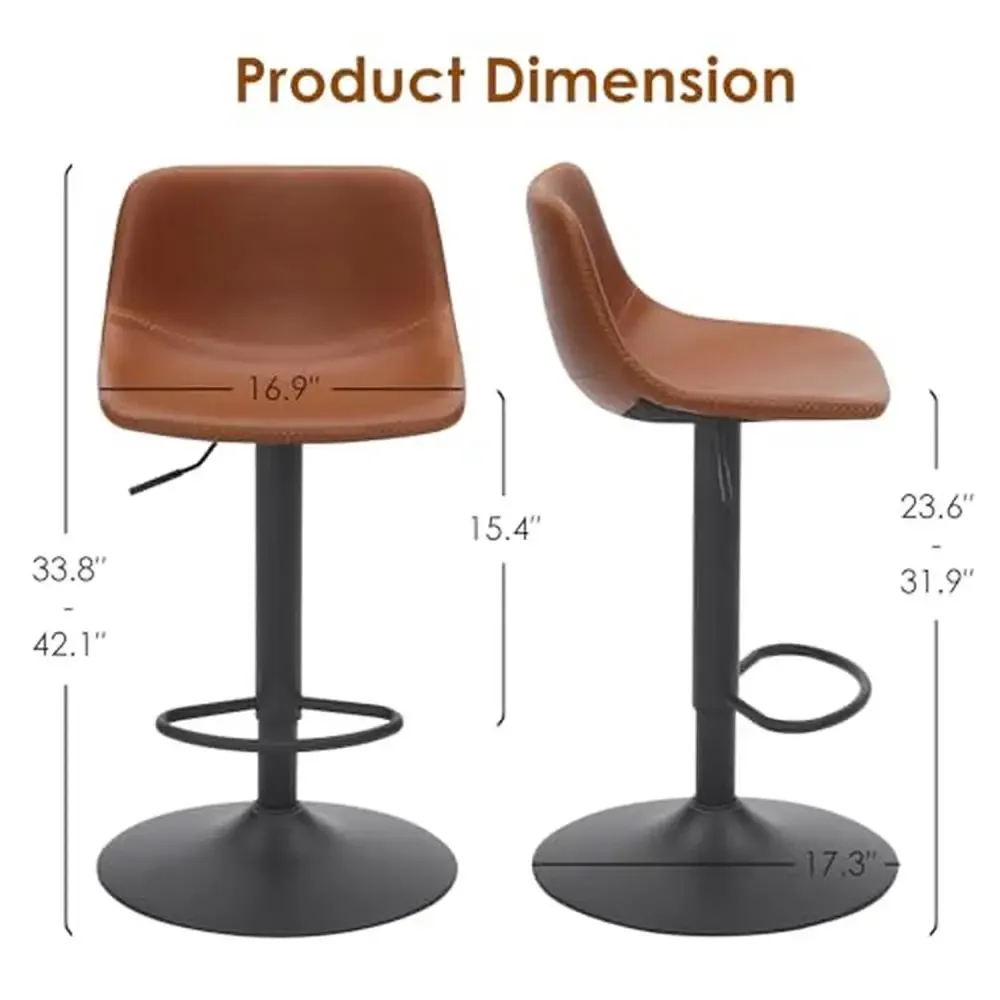 Industrial Swivel Bar Stools Set of 2 Adjustable Height with Back Support Counter Seat Faux Leather Round Shape 16.1