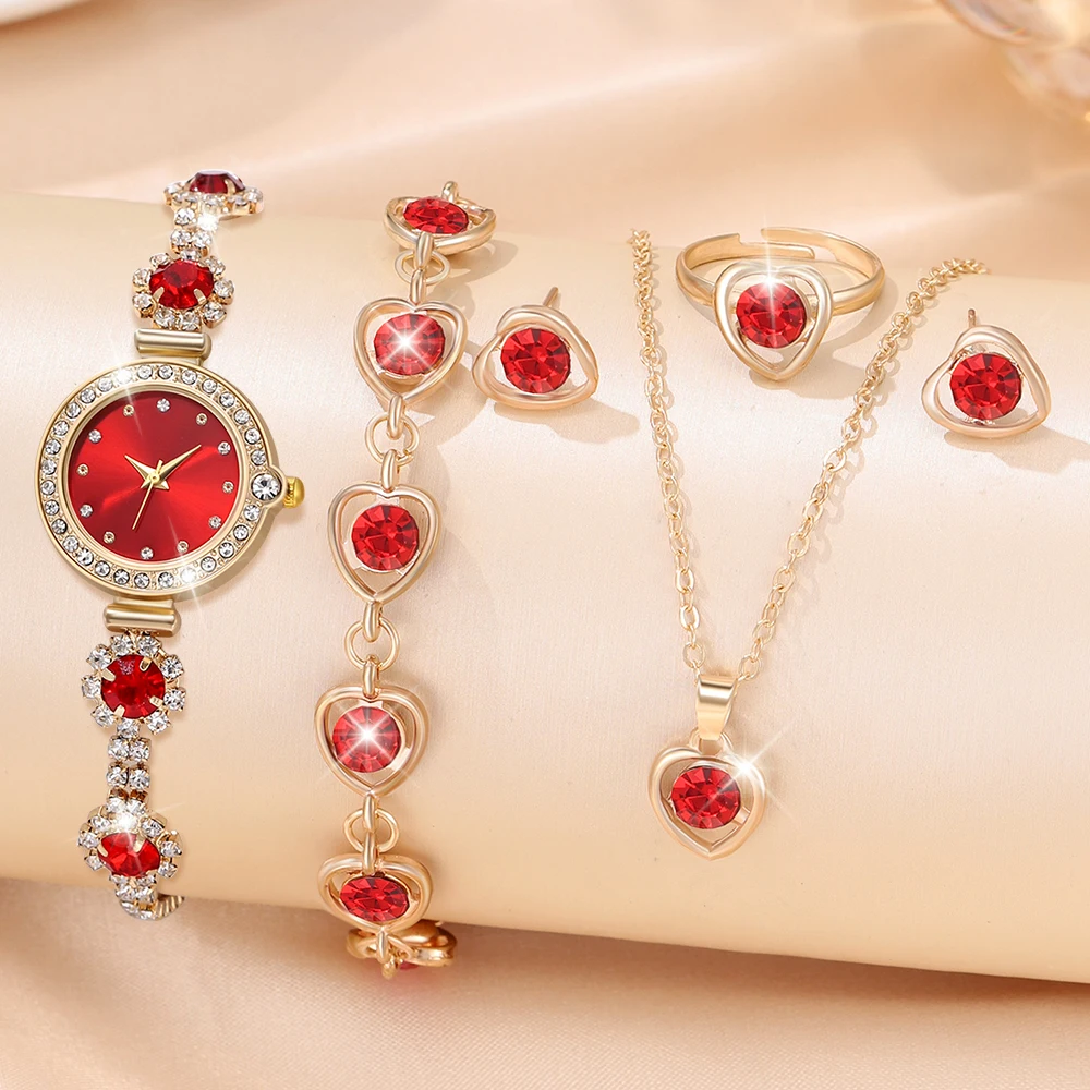 6PCS/SET Luxury Watch Women's Elegant Fashion Quartz Bracelet Watch Women's Watch Bracelet Necklace Earring Set (No Box)