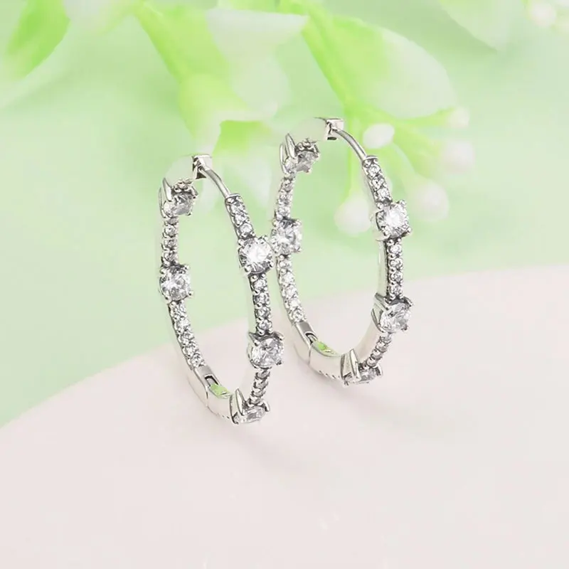 925 Sterling Silver Sparkling Pavé Bars Hoop Earrings Fits All European Jewelry For Women