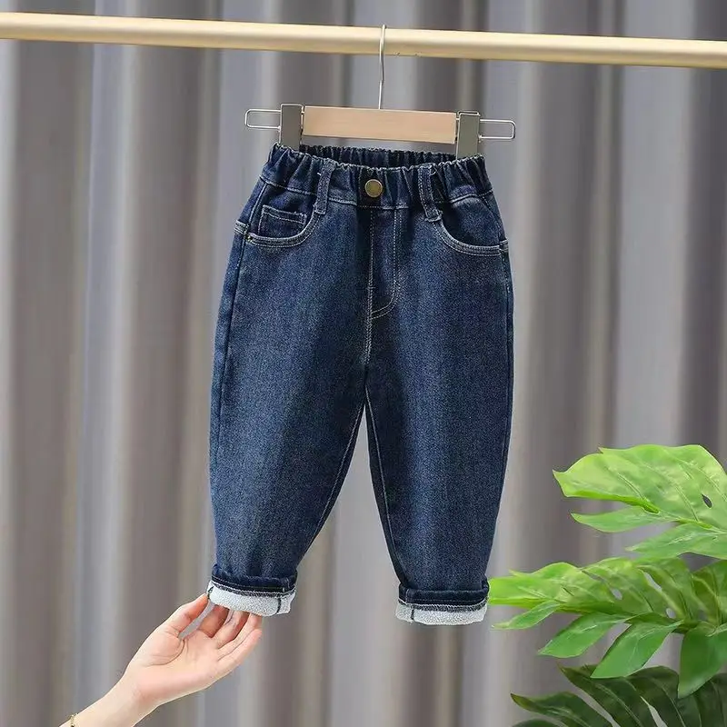 New Childrens Plush Jeans All-in-one Plush Boys Pants Autumn And Winter Boys And Girls Winter Clothing Thickened Outerwear Trend