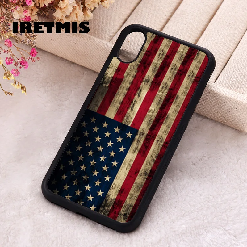 Iretmis Phone Cover Case For iPhone X XS Max XR 11 12 13 PRO MINI 14 15 16 Plus Rubber Silicone american flag vintage usa