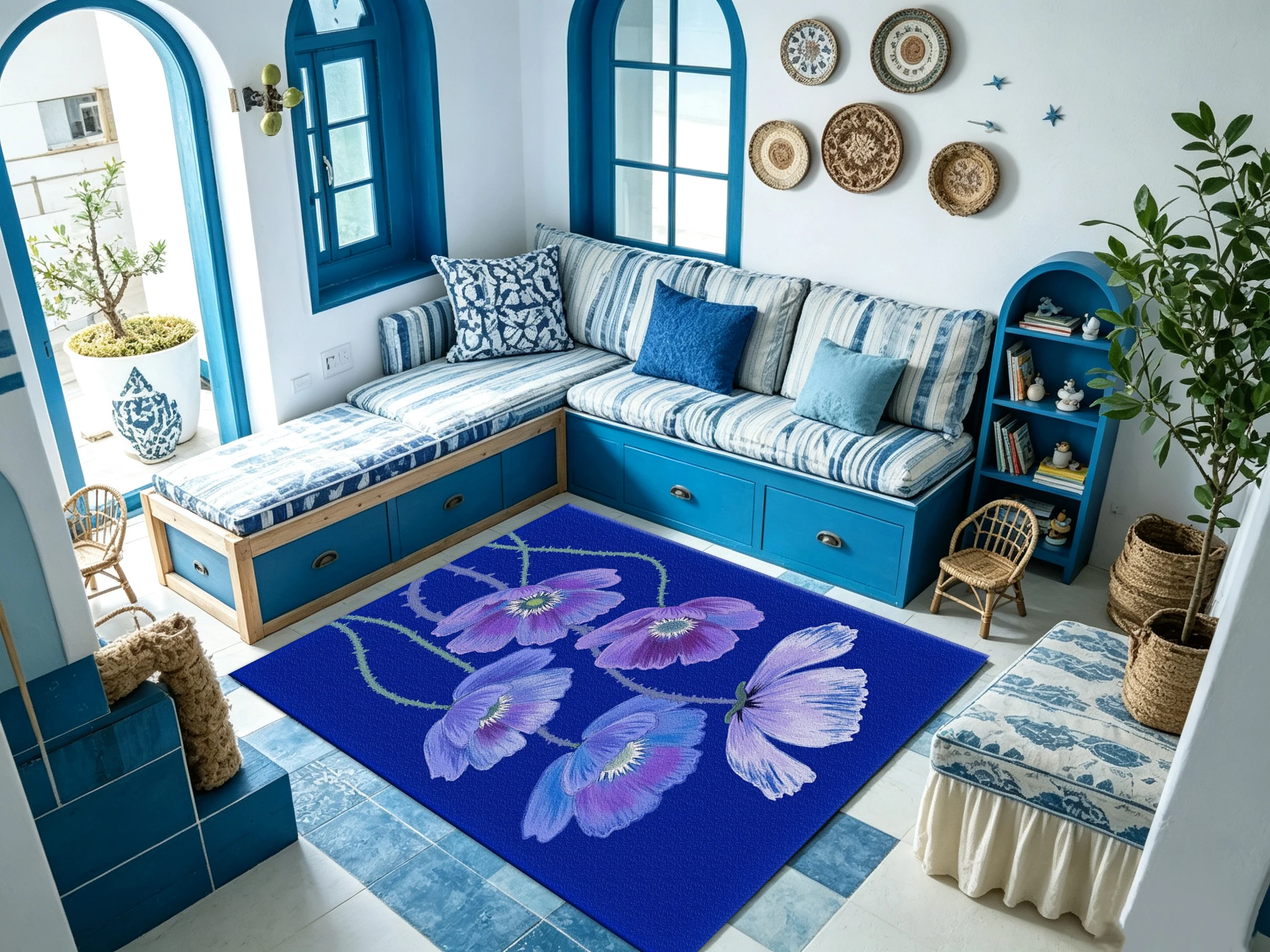 Deep Blue Background with Purple Poppy Flower Carpet, Elegant Plant Pattern Home Carpet, Suitable for Living Room, Bedroom, Interior Decoration