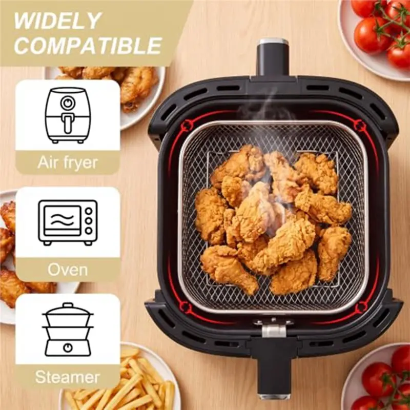 AC93-Air Fryer Rack 3Pcs 8.07' ' Square Air Fryer Basket Stackable Stainless Steel Mesh Cooking Rack For Oven With Silicon Feet
