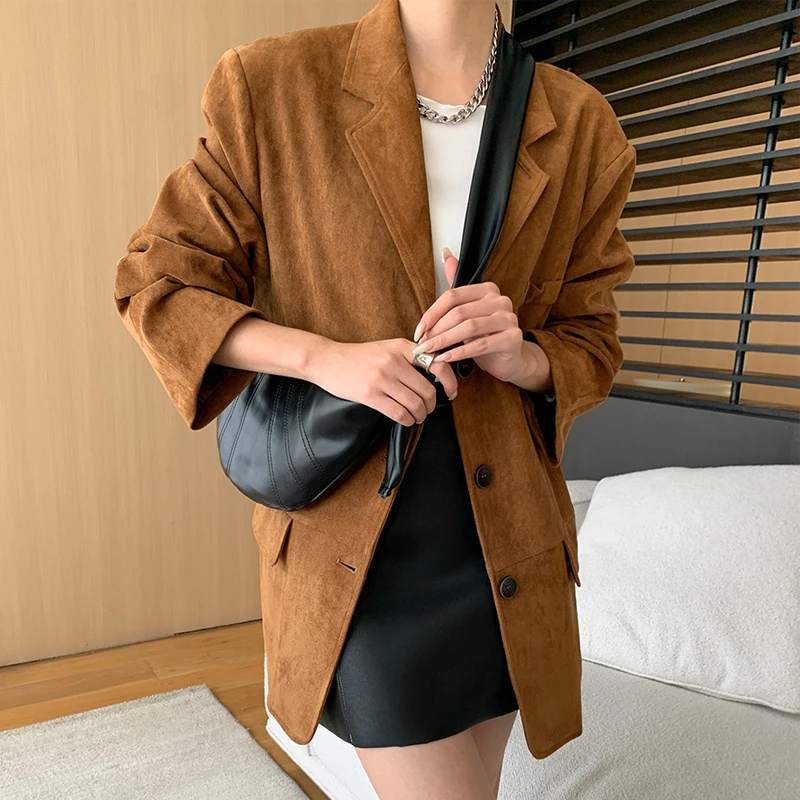 2024 Women Autumn Blazer Jacket Coat Turn Down Collar Long Sleeve Fake Suede Tops Single Button Tops For Women New In Outerwears