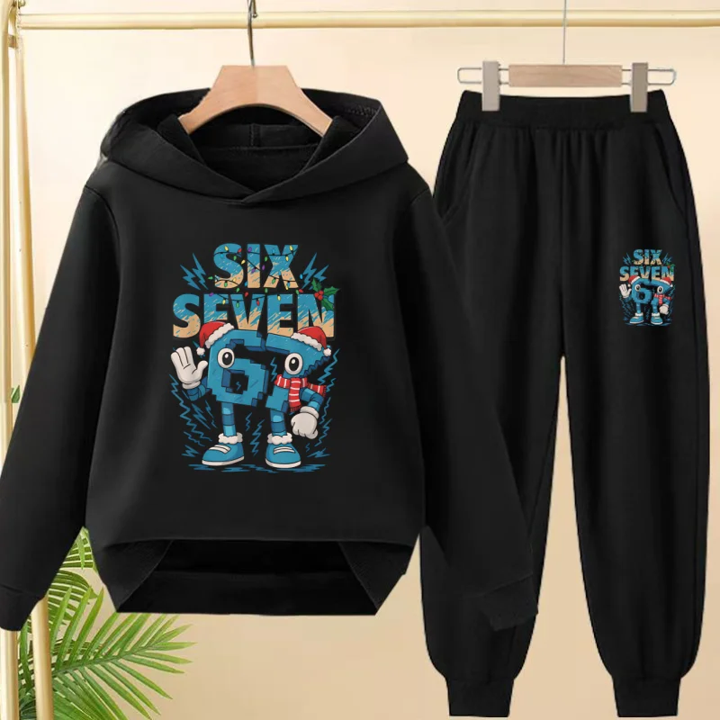 

Brainrot 67 Six Seven Letter Christmas Hat Printing Hooded Sweatshirt Children Aged 3 To 14 Girls Boys White Casual Hoodie Sets