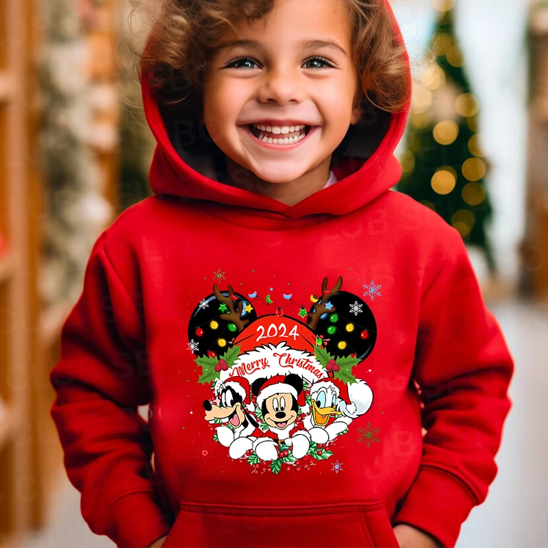 Mickey Christmas 2024 Hoodies Autumn and Winter Plus Velvet Sweater Holiday Gifts for Boys and Girls