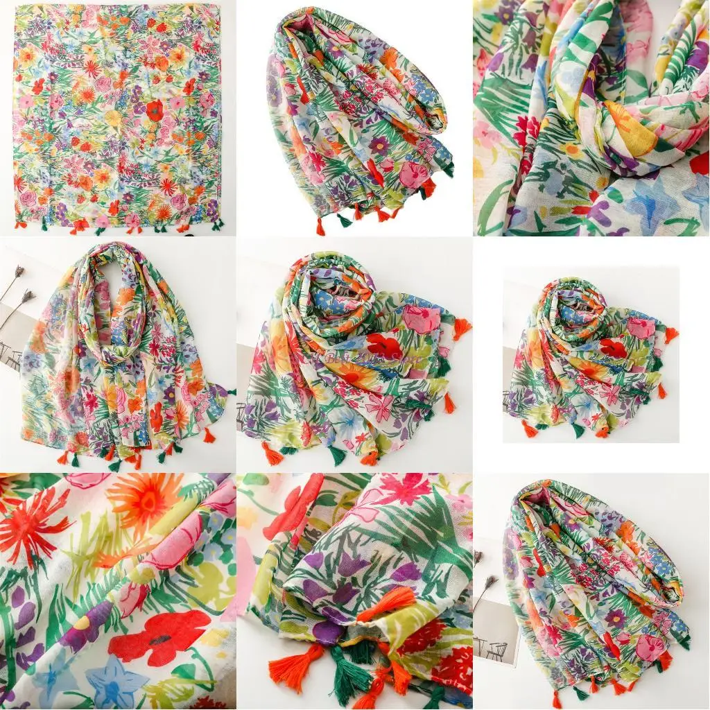 

49me Женщины этнические цветочные шарфы с бахроном с тонкой ветрозащитной мягкой экзотической шарфом шеи