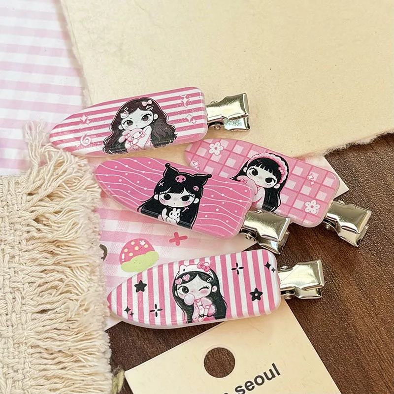 4Pcs Cartoon Girl Hair Clips Cute Pink Black Y2K Acrylic Barrettes Anime Bangs Side Clips Kawaii Seamless Hairpin for Women Gift