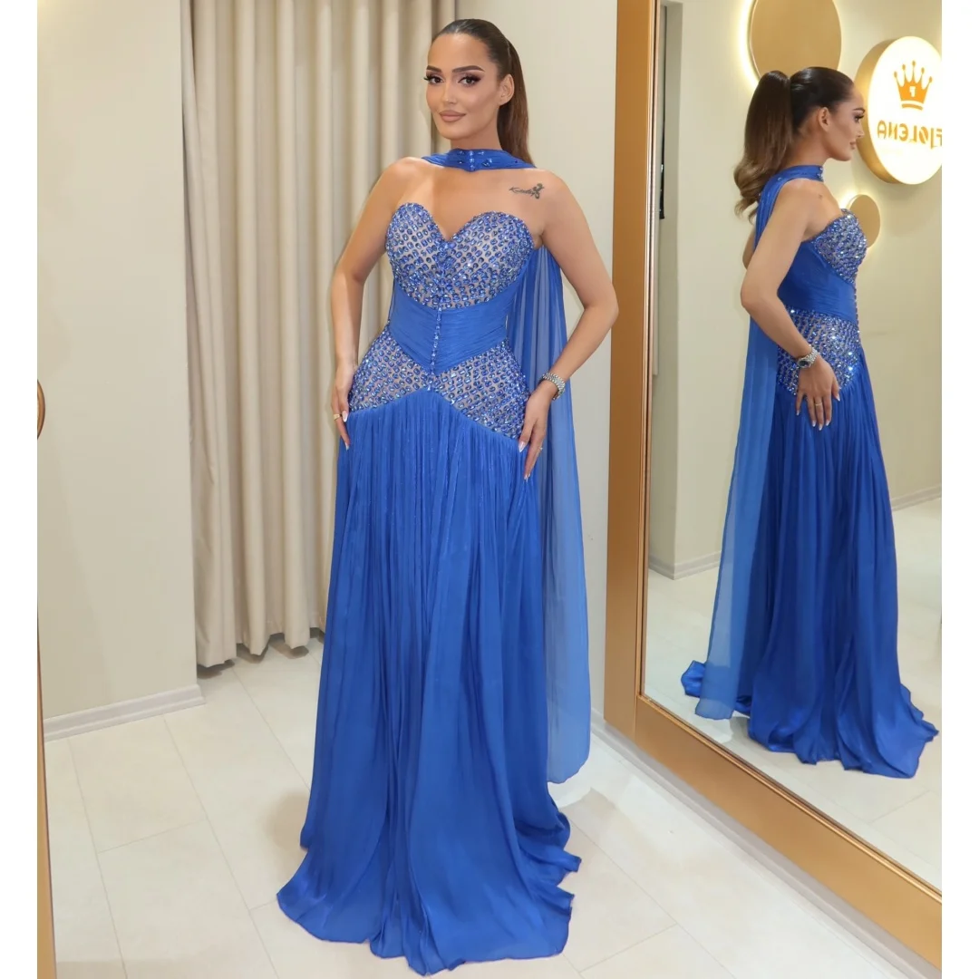 Shiny Pleated Chiffon Evening Dresses Sweetheart Rhinestones Luxury Party Dress with Scarf Exquisite Prom Gown Customized