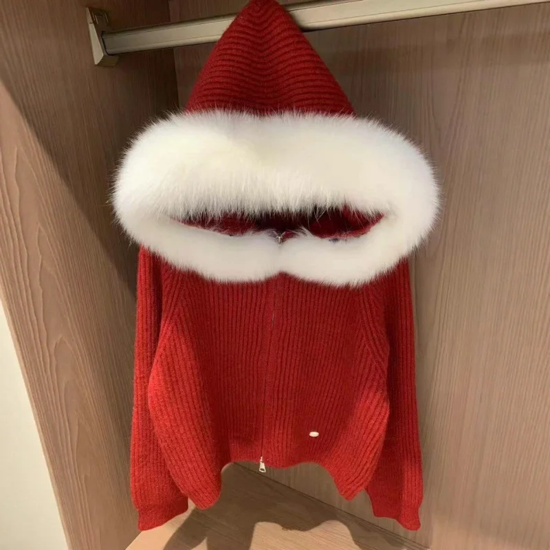 مقنعين انفصال كبير أفخم طوق سترة الخريف الشتاء طويلة الأكمام محبوك رقيق سترة المرأة الجديدة سستة سترة