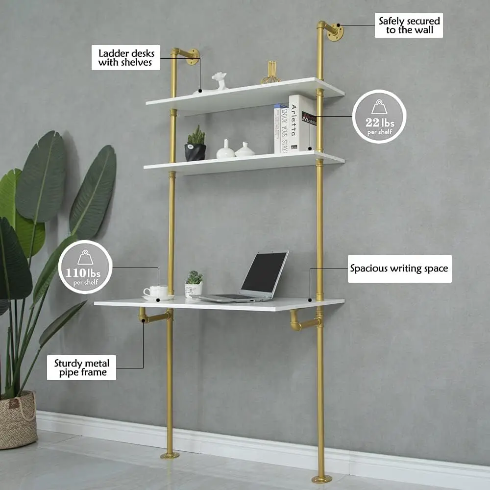 Compact Modern 36 Industrial Style Wall-Mounted Writing Desk with Ladder Shelf for Small Spaces