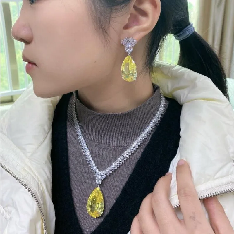 

Europe America Fashion High-end Jewellery Women Lady Settings Drop-shaped Yellow Pink Zircon Pendant Dinner Necklace Earrings