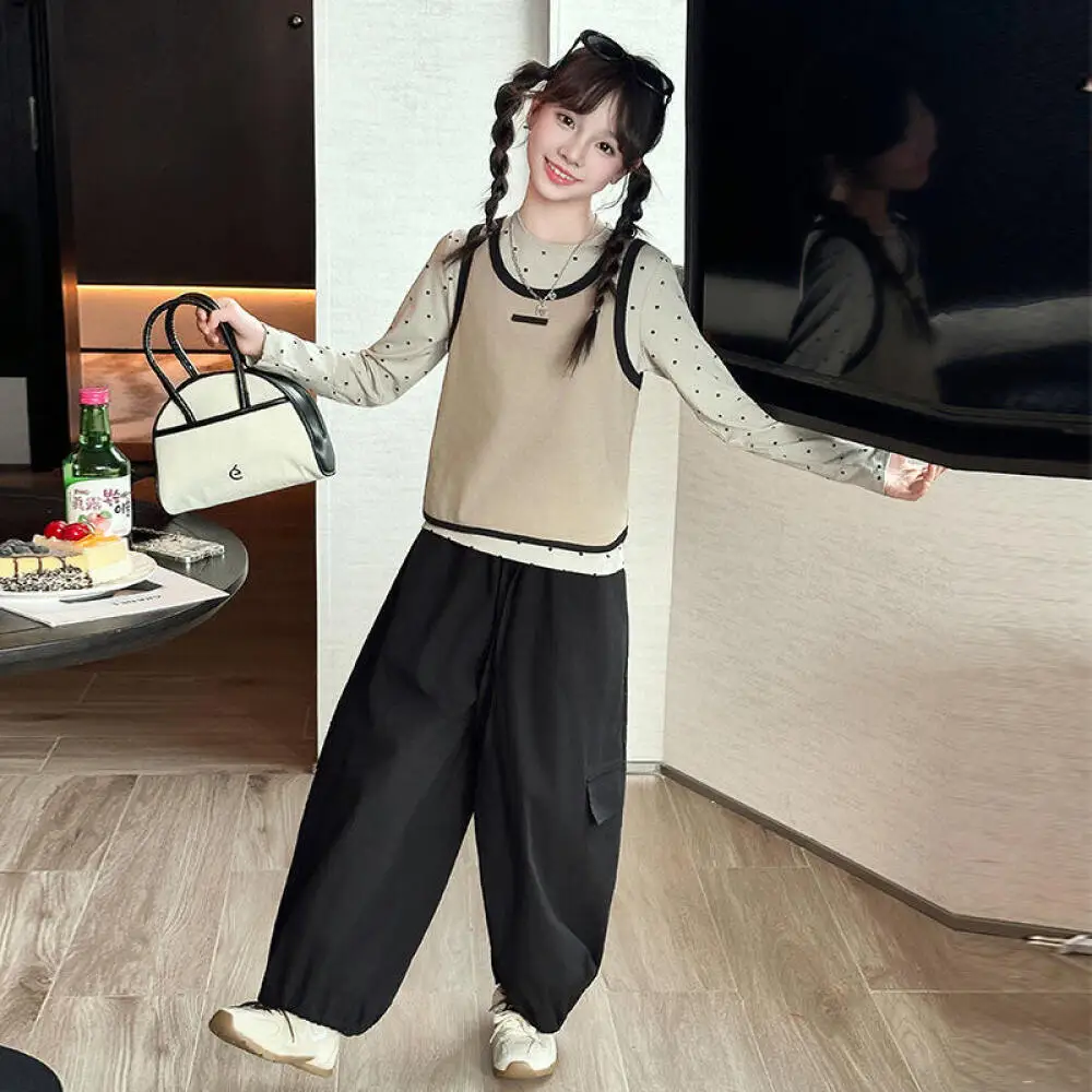 

Kawaii модная футболка для девочек, комплект со штанами, студенческий весенне-осенний повседневный спортивный топ, длинные штаны, комплект из 3 предметов, детская одежда