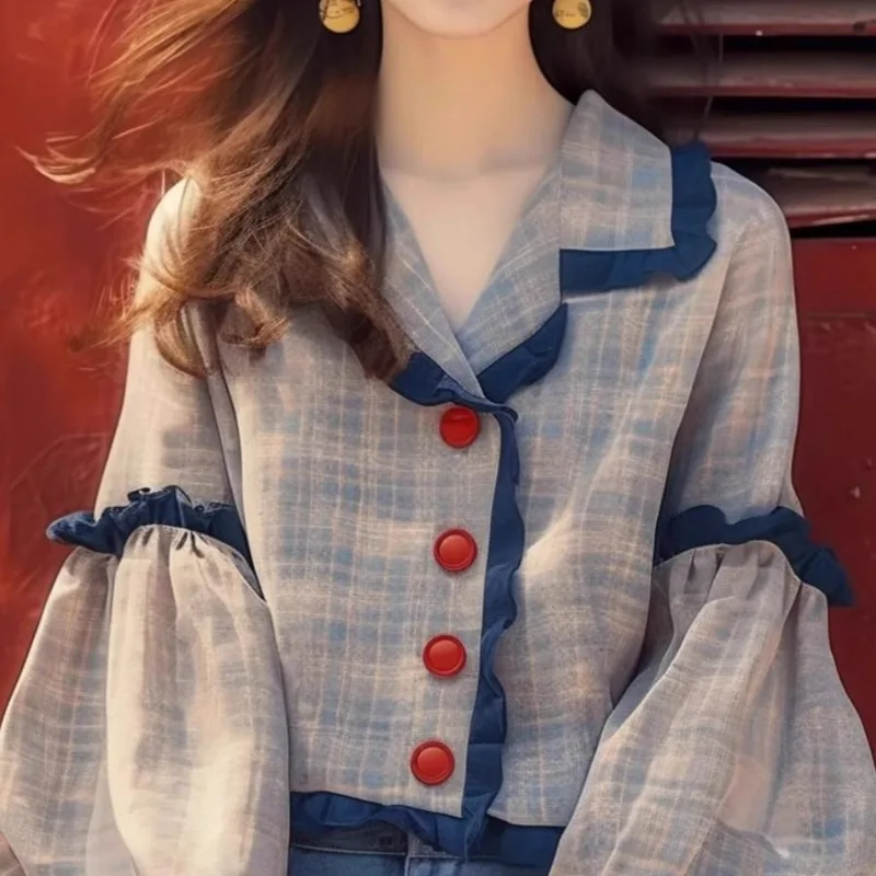 Plaid Vintage Women Blouses Spring/summer New Korean Clothing Sales Loose Long Sleeves Tops Casual Women's Shirts