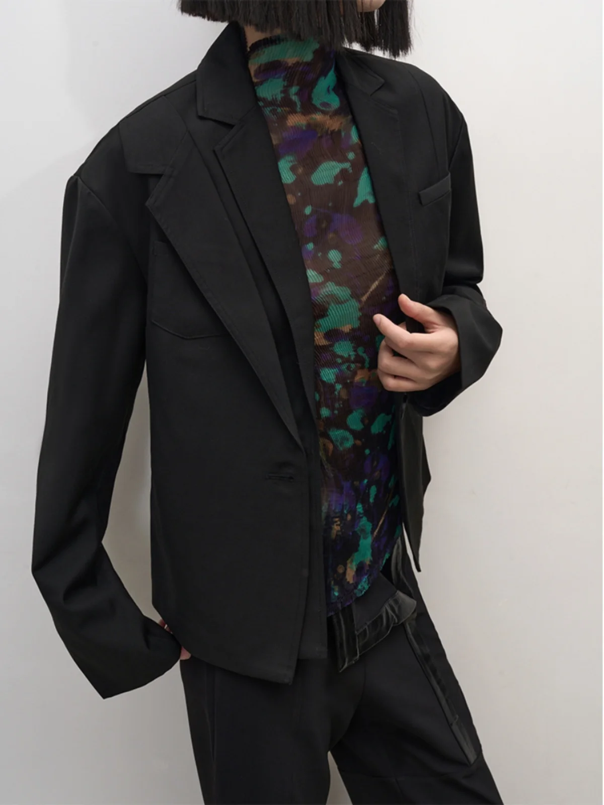 

LANVIVIER Модный необычный дизайн, асимметричный односторонний двуслойный воротник, чисто черный пиджак для девочек, оригинальный дизайн